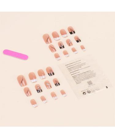 French Press on Nails - Mid length Square Press On Nails with Nail Tips Black and white edges Glitter Rhinestones Design Coral color Glossy press on nails Acrylic False Nails Cute Artificial Nails - Buy Online on GoSupps.com