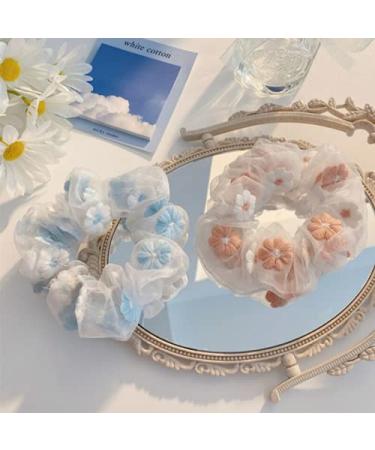 KDDOM 2 PCS Embroidery Tulle Flower Hair Scrunchie Set - Vintage Hair Loop for Girls and Women (Pink Blue) - Buy Online on GoSupps.com