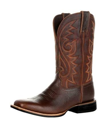 cakiesky Men's Fashion High Tube Embroidery Retro Leather Boots Men's Wide-head Western Cowboy Boots Middle Tube Thick Boots 10.5 Brown