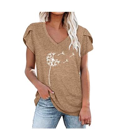 Going Out Tops, Womens Petal Sleeve Tops V Neck Short Sleeve Shirts Summer Casual Loose Solid Color Basic Tunic Tshirt Large Khaki Going Out Tops for Women