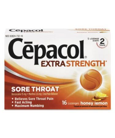 Cepacol Extra Strength Sore Throat Relief Lozenges Honey Lemon Cough Drops Maximum Numbing- Fast Acting Sore Throat Mouth & Canker Sore Pain Relief with Benzocaine & Menthol 16 Count Honey Lemon 16 Count (Pack of 1)