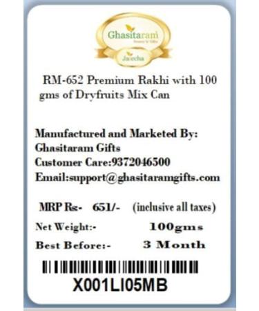 Ghasitaram Gifts Rakhi for Brother Rakhis Online - RM-652 Premium Rakhi with 100 GMS of Dryfruits Mix Can - Buy Online on GoSupps.com