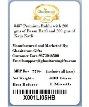 Ghasitaram Gifts Rakhi for Brother Rakhis Online - Set of 2 8469 8487 Premium Rakhis with 200 GMS of Besan Barfi and 200 GMS of Kaju Katli - Buy Online on GoSupps.com
