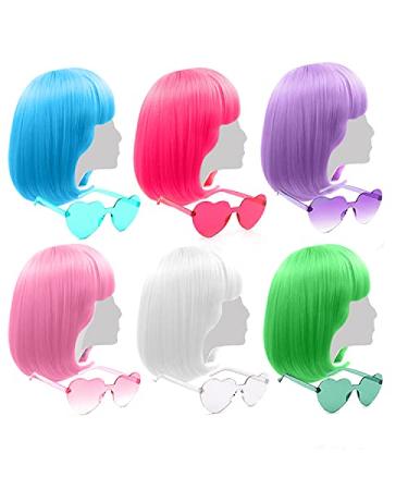 Colored Wigs 6 Pack , Short Bob Hair Wigs Neon Colorful Party Wigs with with Rimless Heart Shape Sunglasses for Women Girls Cosplay Costume Party Holiday Bachelorette Night Club