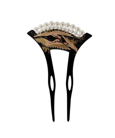Beaupretty U Shaped Hairpins Vintage Pearl Red-Crowned Crane Hair Accessories(Black)