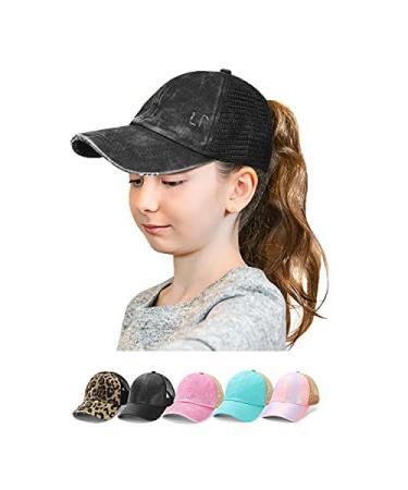 Glitter Distressed Mesh Girls Criss Cross Ponytail Hat for Kids High Messy Bun Ponycap Crisscross-black