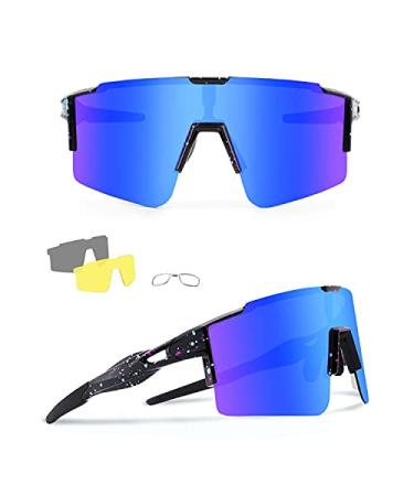 Ukoly Cycling Sunglasses Sports Sunglasses for Women Men with 3 Interchangeable Lenses, Baseball Running Glasses Black Blue