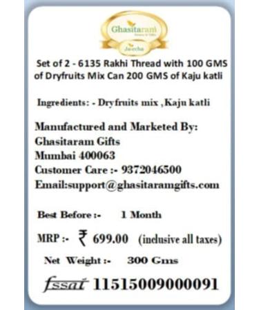 Ghasitaram Gifts Rakhis Online for Brother- Set of 2-6135 Rakhi Thread with 100 GMS of Dryfruits Mix Can 200 GMS of Kaju katli 2 Rakhi & 100g Dryfruits Mix Can 200g Kaju katli - Buy Online on GoSupps.com