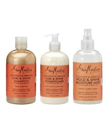 Shea Moisture Cleanse Condition & Style Pack - Coconut & Hibiscus Curl and Shine Shampoo & Conditioner 384ml bottles & Hold and Shine Moisture Mist 236ml by Shea Moisture