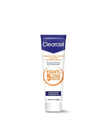 Clearasil Stubborn Acne Control 5in1 Spot Treatment Cream Maximum Strength Benzoyl Peroxide Acne Medication Fights Blocked Pores Pimple Size Excess Oil Acne Marks & Blackheads 1 oz (Pack of 11)