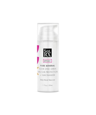 SolRX Pure Mineral SPF 50+ Face Sunscreen - 1.7oz Zinc Oxide Sunscreen with Niacinamide  Daily Facial Sunscreen  Reef Safe Sunscreen