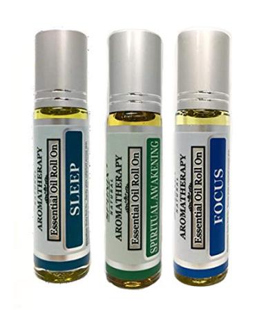 Best Essential Oil Roll On Gift Set Focus Spiritual Awakening and Sleep 10 mL Each by Sponix