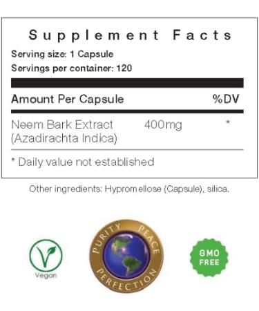 Neem Bark Capsules 400 mg Organic Fresh Ground Neem Bark Powder Grown in America 120 Count & Made in USA Vegan - Buy Online on GoSupps.com