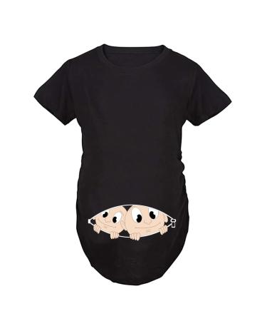 Maternity Top Short Sleeve Funny Pregnancy Tee Cute Baby Pregnant Women T Shirts - Twin Black L