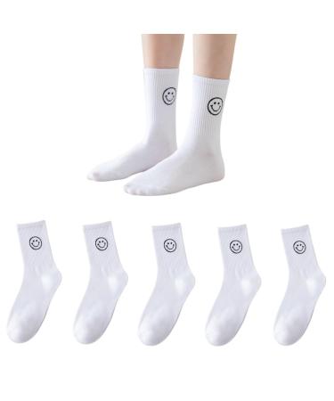 Akamas 5 couple women cotton socks funny smiling face pattern crew socks breathable sports socks fashion ankle socks soft warm knitting socks gifts girls (black/white/gray) 35-41