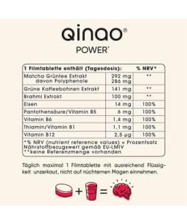 Qinao Power* Bottle 90 Dragees for 90 Days | Brainfood Supplement for Energy | Matcha Brahmi & Green Coffee Extracts | Made in Germany by Pharmacists - Buy Online on GoSupps.com