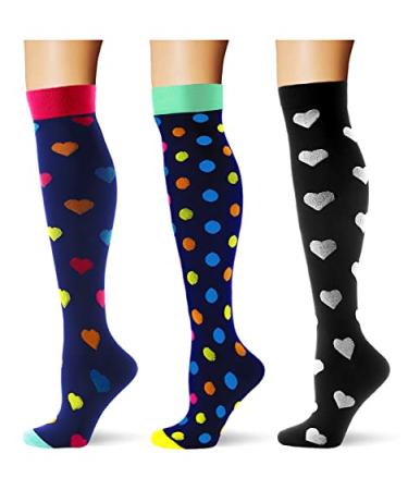 Saniripple (3 pairs) Compression Socks 20-30 mmHg Long Socks for Women and Knee High Socks Best Support for Women 3p2 Black Colorful Large-X-Large