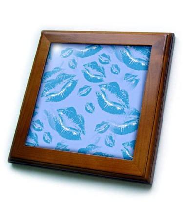 3dRose 8x8 Framed Tile - Two Kisses Collided Lip Boyish Blue Lips Pattern Pattern - Lipstick Kisses
