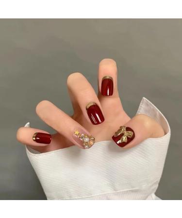 24Pcs/Set Press On Nails Short Wine Red Gold Border False Nails Acrylic Fake Nails Full Cover Nails Tips Artificial Finger Manicure Press on nails for Women and Girls