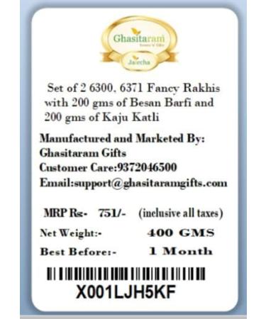 Ghasitaram Gifts Rakhi for Brother Rakhis Online - Set of 2 6300 6371 Fancy Rakhis with 200 GMS of Besan Barfi and 200 GMS of Kaju Katli - Buy Online on GoSupps.com