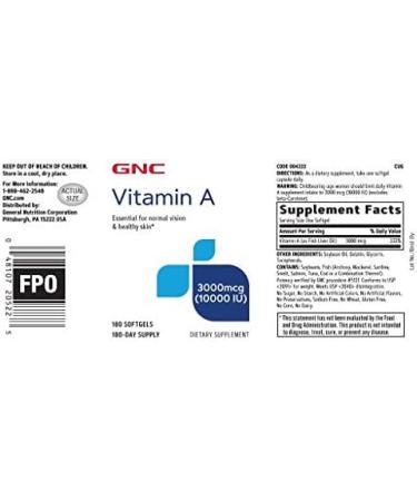 GNC Vitamin A 3000mcg (10000IU) 180 Softgels - Promotes Vision and Skin Health - Buy Online on GoSupps.com