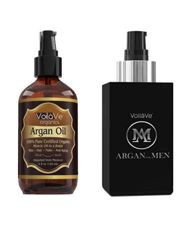 VoilaVe His and Her Argan Oil Bundle - Ideal Body & Beard Oil for Men - USDA and ECOCERT Pure Organic Moroccan Argan Oil for Skin Nails & Hair Growth Anti-Aging Face Moisturizer For Women