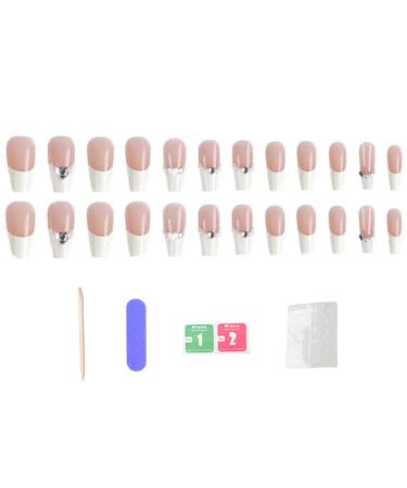 French Tip Press on Nail Long White Rhinestones Stick on Nail False Fake Nail with Glue for Women Girl Nail Art