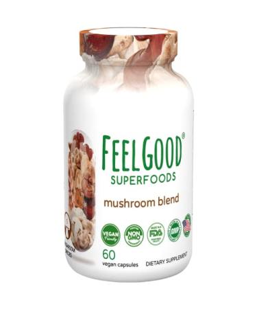 FeelGood Superfoods Mushroom Supplement Capsules 1000mg Lions Mane Reishi Chaga Maitake Shiitake Nootropic Brain Pills Immune Booster 60 Count