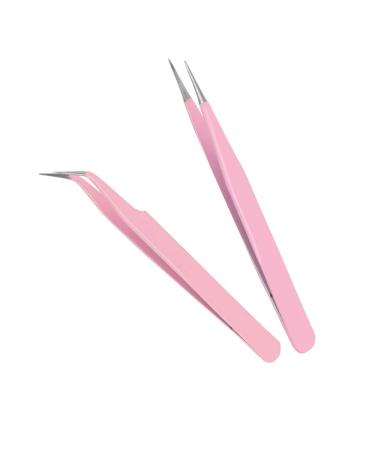 ZeroZ 2 Pcs Stainless Steel Tweezers for Eyelash Extensions Precision Electronics Nail Sticker Rhinestone Jewelry Anti-Static Non-Magnetic (Pink)