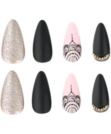 Justotry 24 Pcs Stiletto Glitter Fake Nails - Long Black French Press on Nails with Beautiful Diamond Almond Patterns - Extra Long False Nails for Women - Acrylic Stiletto Stick on Nails with Glue for Nail Art - Buy Online on GoSupps.com