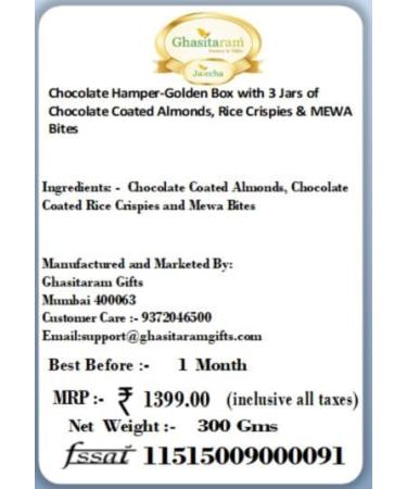 Jaiccha Ghasitaram Chocolate Hamper- Box with 3 Jars of Chocolate Coated Almonds Rice Crispies and MEWA Bites |Gift for Diwali Holi Rakhi Valentine Christmas Birthday Anniversary Her Him| - Buy Online on GoSupps.com