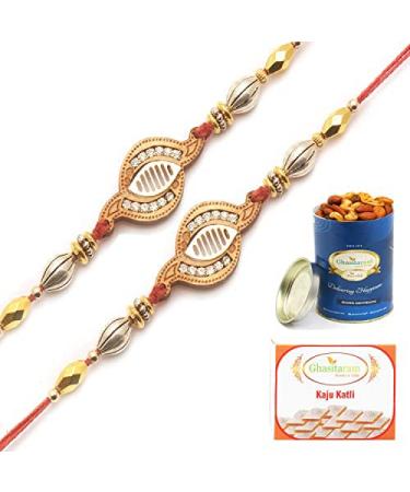 Ghasitaram Gifts Rakhi for Brother Rakhis Online - Set of 2 WO-13 Diamond Rakhi with 100 GMS of Dryfruits Mix Can 200 GMS of Kaju katli 2 Rakhi & 100g Dryfruits Mix Can 200g Kaju katli