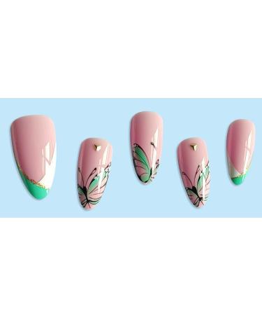 French Tip Almond Shaped Press on Nails with Nail Tips Mint green and white mixed design butterfly pattern fake nails press on nails Acrylic False Nails Cute Artificial Nails - Buy Online on GoSupps.com