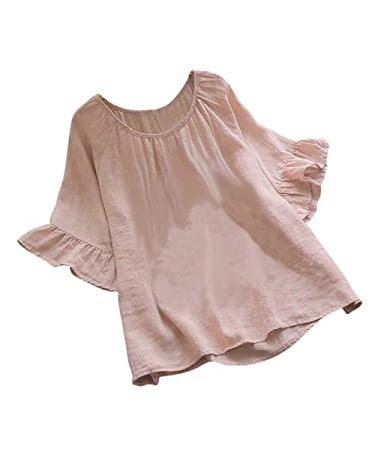 TUNUSKAT Cute Tops For Women Casual Summer Ruffle Sleeve Shirts Babydoll Trendy Folds Flowy Cotton&Linen T Shirts Fairy Tees Medium 01_pink