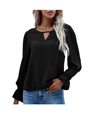 Women's Swiss Dot Tops Summer Keyhole Neck Ruffle Long Sleeve Pom Pom Chiffon T Shirts Blouse Casual Loose Pullover Black Medium