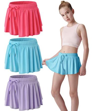 3 Pack Girls Flowy Shorts with Spandex Liner 2-in-1 Youth Butterfly Skirts for Fitness Running Sports Set 4 Small