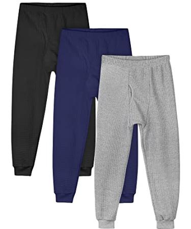 Resinta 3 Pack Boys Thermal Waffle Bottom Underwear Waffle Knit Pants Winter Base Layer Bottoms Pants for Boys 6-7 Years Black Gray Navy