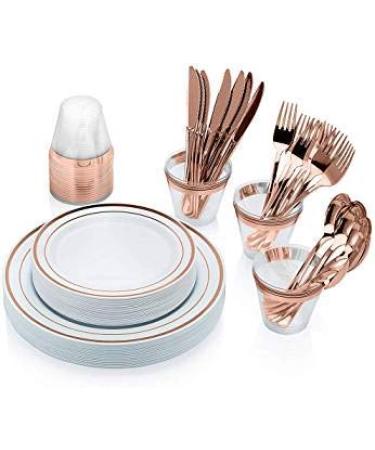 KOYEE 150 Pieces Guest Rose Gold Disposable Plastic Dinnerware Set Including 25 Dinner Plates 25 Salad Plates 25 Spoons 25 Forks 25 Knives 25 Cups for Wedding Parties