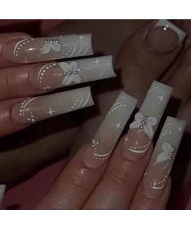 Foccna Long White Press on Nails Pearl Flower Design Fake Nails Full Cover Coffin Butterfly Acrylic False Nails for Women and Girls 24PCS