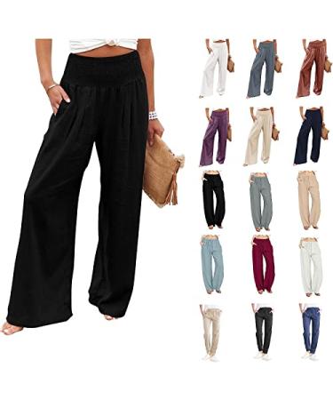 Bidobibo Linen Pants for Women High Waisted Loose Fit Palazzo Pants Boho Casual Trousers Beach Lounge Pants with Pockets 5-black Medium
