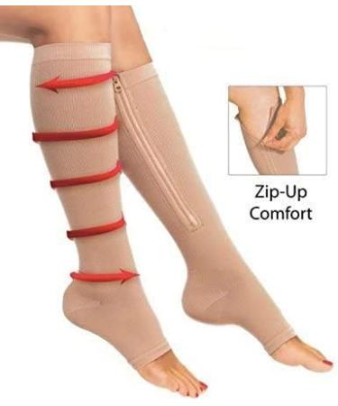 Monliya Knee-Length Compression Stockings with Zipper | Open Toe | 23-32 mmHg | Size L Beige - Leg Support for All-Day Comfort - Buy Online on GoSupps.com