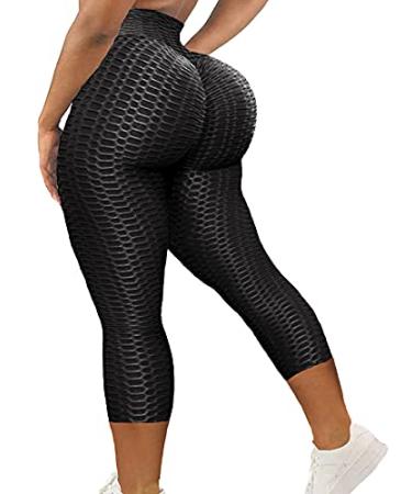 SEASUM Women High Waisted Workout Yoga Pants Butt Lifting Scrunch Booty Leggings Tummy Control Anti Cellulite Textured Tights #1 U-capris Black Large
