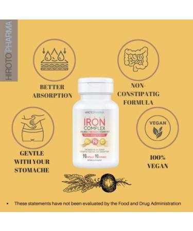 Hiroto Pharma Iron Complex (90 Capsules) - 26mg Iron, Vitamin B12, Vitamin C, Beetroot - Vegan Energy & Focus Supplement - Made in the USA - Buy Online on GoSupps.com