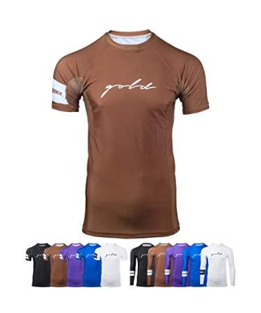 Gold BJJ Foundation Rash Guard - Ranked No-Gi and Gi Jiu Jitsu Rashguard Brown (Short Sleeve) X-Large