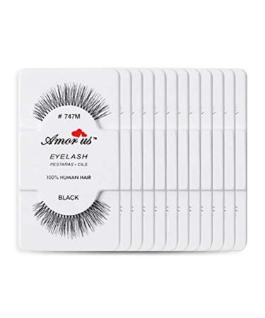 Amorus 12 Pairs Multipack #747M False Eyelashes Dozen Set 100% Natural Hair Black Handmade Comfortable Reusable Fake Lashes Pack
