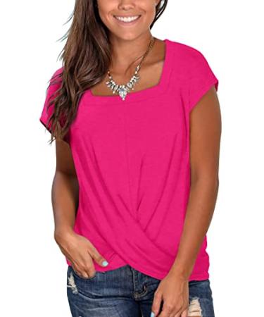 Jescakoo Womens Short Sleeve Summer Tops Square Neck Twist Front Casual T Shirts  Loose Fit D-hot Pink X-Large