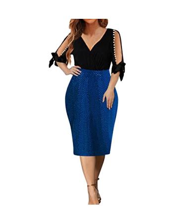 NREALY Dress Womens FashionSexy O-Neck Short Sleeve Splicing Flower Printing Buttock Dress U-blue 1 Medium