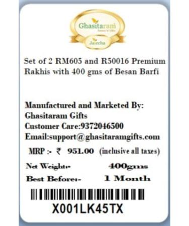 Ghasitaram Gifts Rakhi for Brother Rakhis Online - Set of 2 RM605 and R50016 Premium Rakhis with 400 GMS of Besan Barfi - Buy Online on GoSupps.com