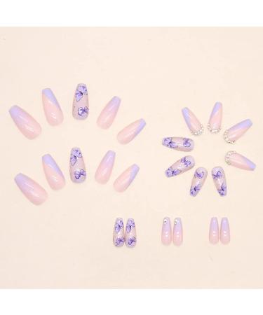 Medium Length Square Coffin Nude Fake Nails with Purple Butterfly 3D Rhinestones - 24Pcs - Buy Online on GoSupps.com