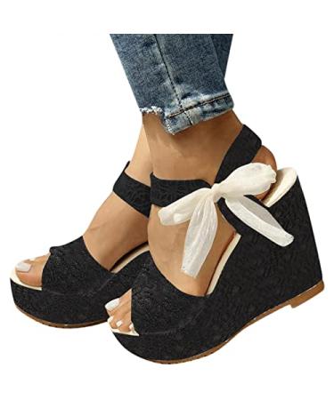 Gufesf 2022 Platform Sandals for Women, Women Sexy Wedge Sandals Platform Sandals Open Toe Vintage Polka Dot High Heel Shoes X-02 Black 8